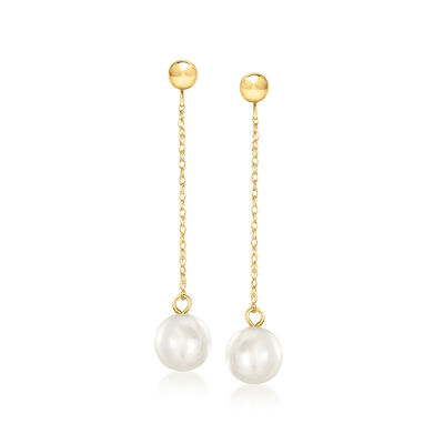 7-7.5mm Cultured Pearl and 10kt Yellow Gold Rope-Chain Drop Earrings