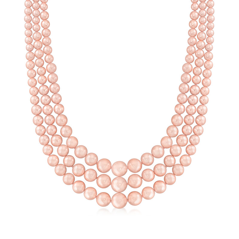 6-12mm Pink Shell Pearl Three-Strand Necklace with Sterling Silver. 20&quot; image number 0