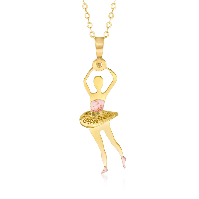 Italian 14kt Yellow Gold and Pink Enamel Ballerina Pendant Necklace image number 0