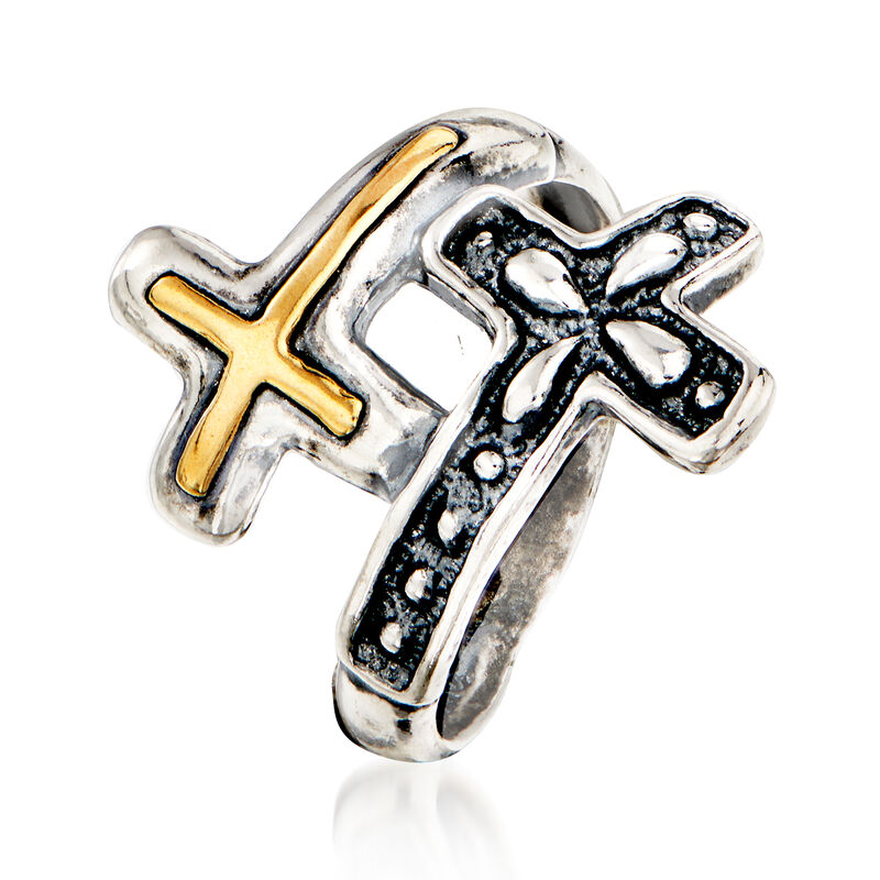 Sterling Silver Double-Cross Bypass Ring with 14kt Yellow Gold image number 2