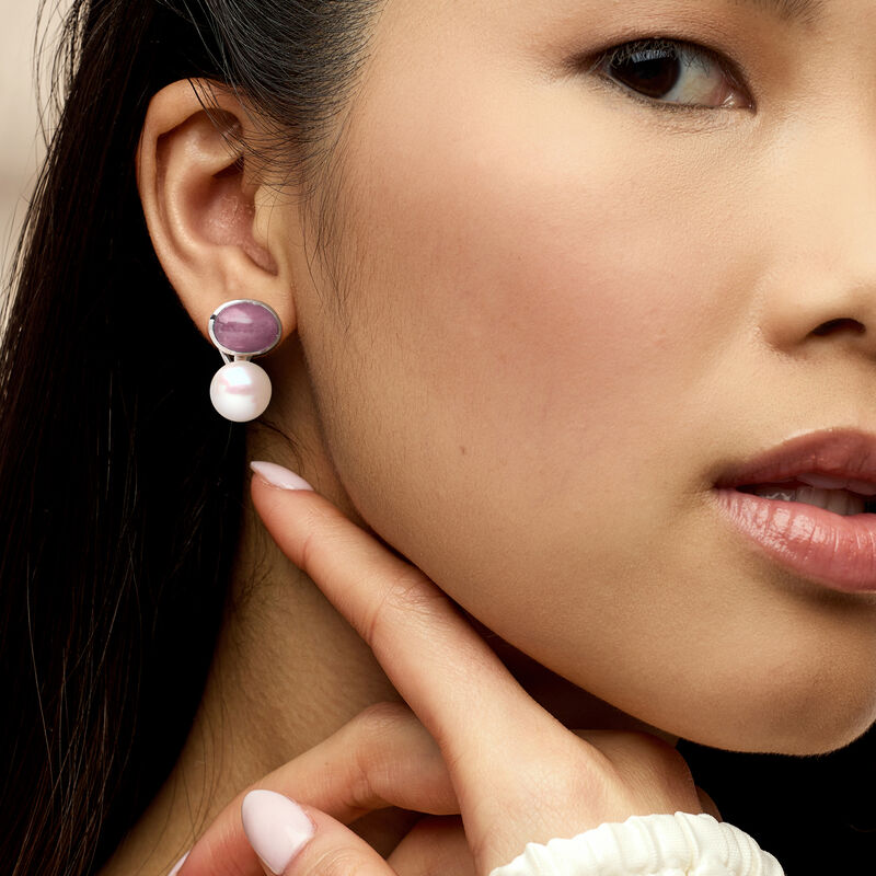 14.00 ct. t.w. Rose Quartz and 14-14.5mm Cultured Pearl Earrings in Sterling Silver image number 1