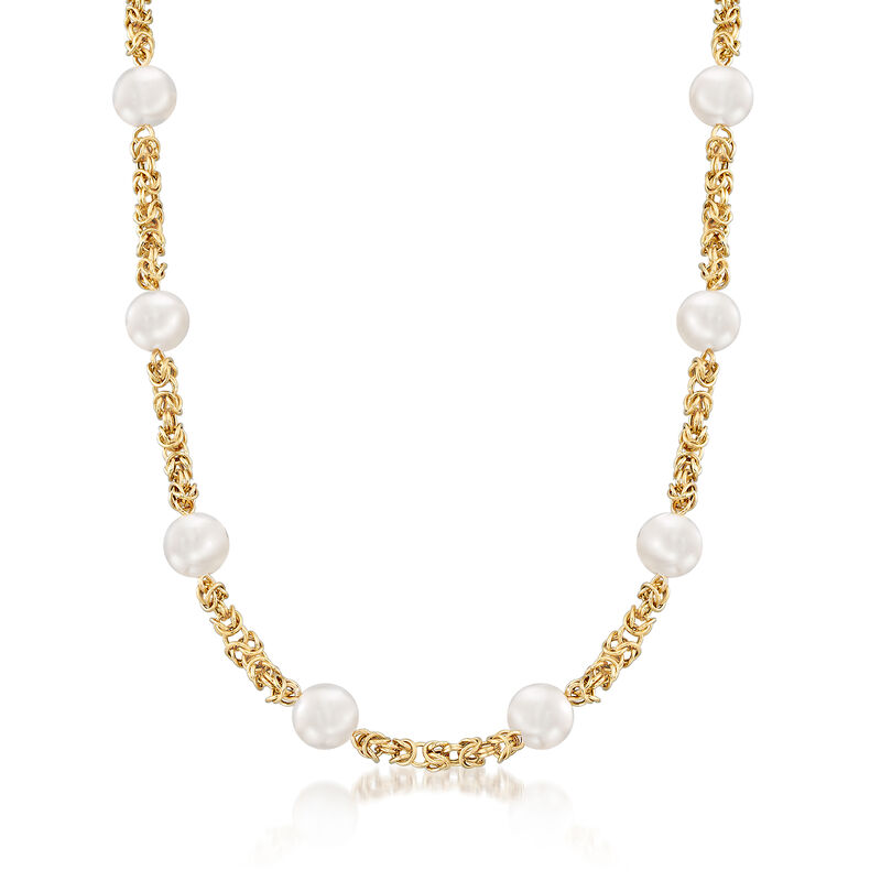 9mm Cultured Pearl and 14kt Yellow Gold Byzantine Station Necklace image number 0