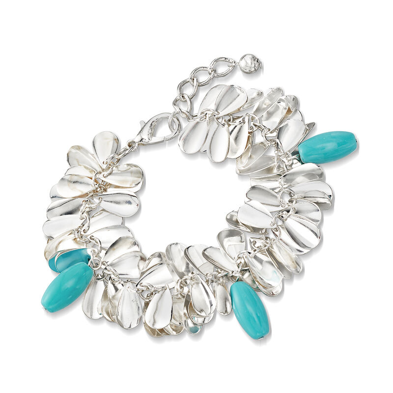 Turquoise-Blue Glass Bead Leaf Bracelet in Silvertone. 7&quot; image number 0