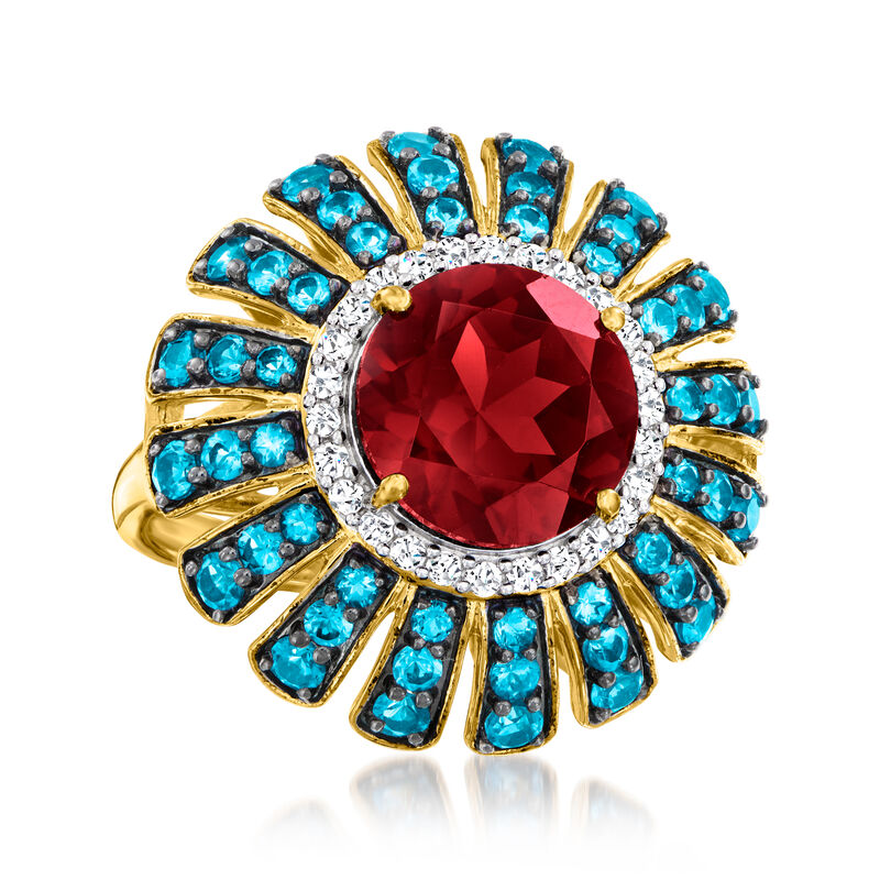 4.90 Carat Garnet and 1.60 ct. t.w. London Blue Topaz Ring with .40 ct. t.w. White Zircons in 18kt Gold Over Sterling image number 3