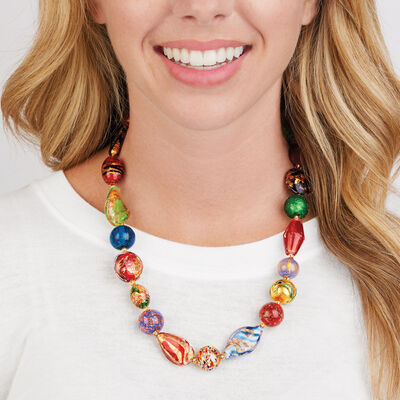 Italian Multicolored Murano Glass Bead Necklace with 18kt Gold Over Sterling