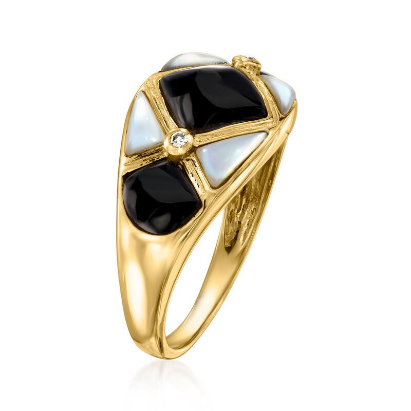 C. 1980 Vintage Onyx and Mother-of-Pearl Inlay Ring with Diamonds in 14kt Yellow Gold. Size 7 image number 2