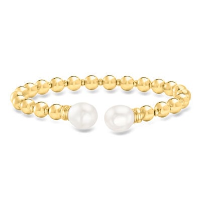 Italian 6mm 18kt Gold Over Sterling Cuff Bracelet with 9-9.5mm Cultured Pearls