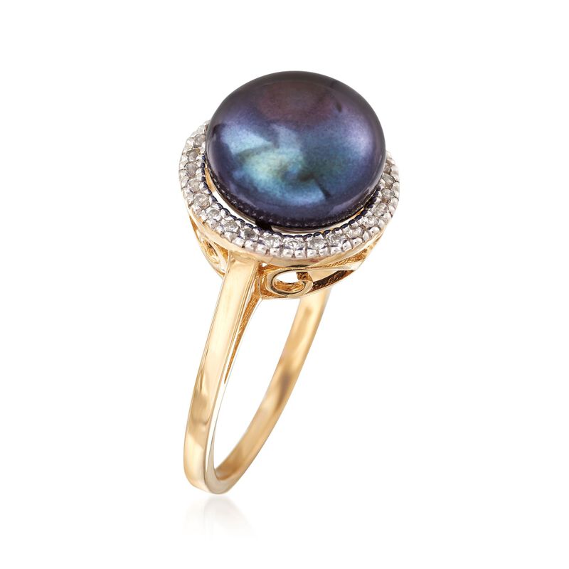 9.5-10mm Black Cultured Button Pearl and .10 ct. t.w. White Topaz Ring in 14kt Yellow Gold image number 2