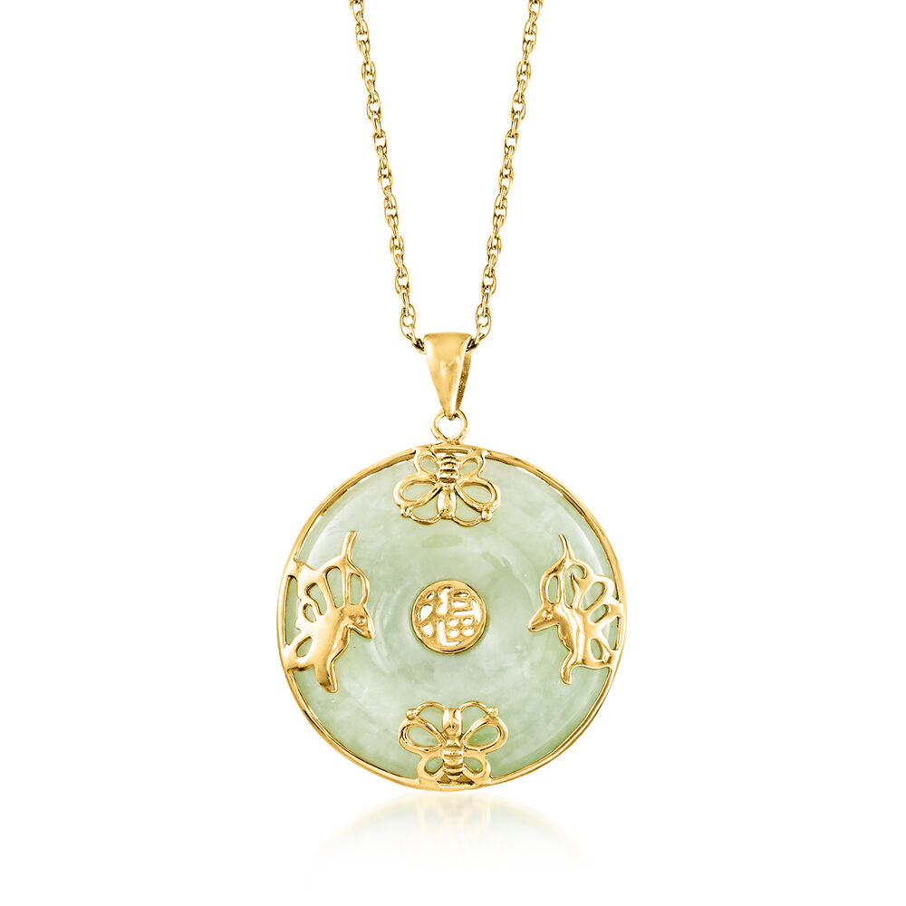 Jade "Good Fortune" Butterfly Pendant Necklace in 18kt Gold Over Sterling. 18"