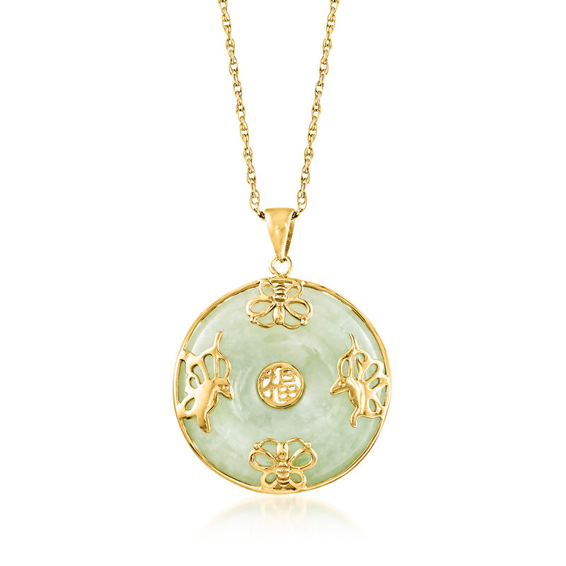 Jade &quot;Good Fortune&quot; Butterfly Pendant Necklace in 18kt Gold Over Sterling. 18&quot; image number 1