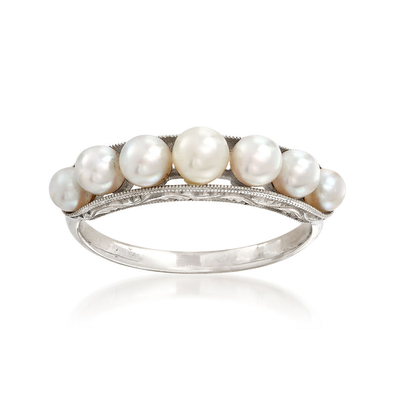 C. 1950 Vintage Cultured White Pearl Band Ring in 14kt White Gold. Size 5.5 image number 0