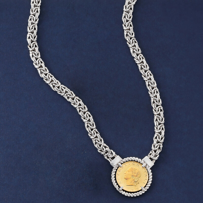 Italian Two-Tone Sterling Silver Replica Lira Coin Byzantine Necklace image number 4