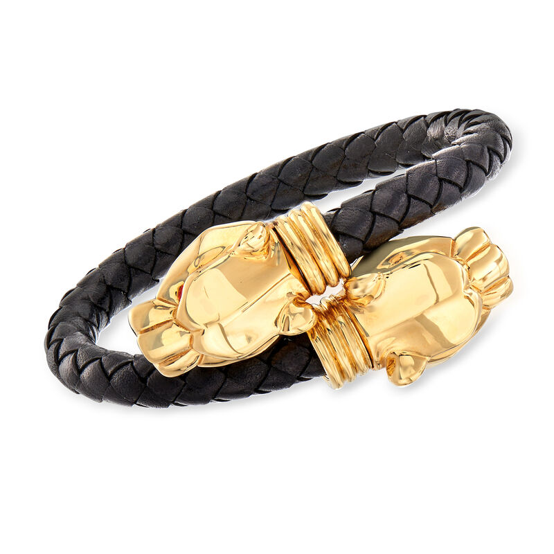 Italian 18kt Yellow Gold Panther Bypass Bracelet with Black Leather image number 0