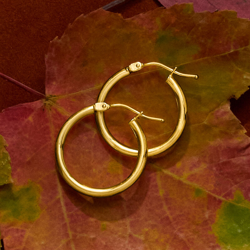 Italian 2mm 18kt Yellow Gold Hoop Earrings. 3/4&quot; image number 3
