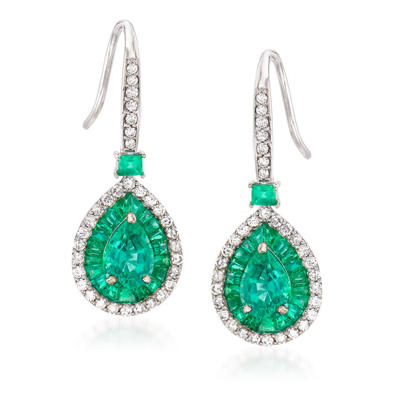 2.90 ct. t.w. Emerald and .46 ct. t.w. Diamond Drop Earrings in 14kt White Gold image number 0