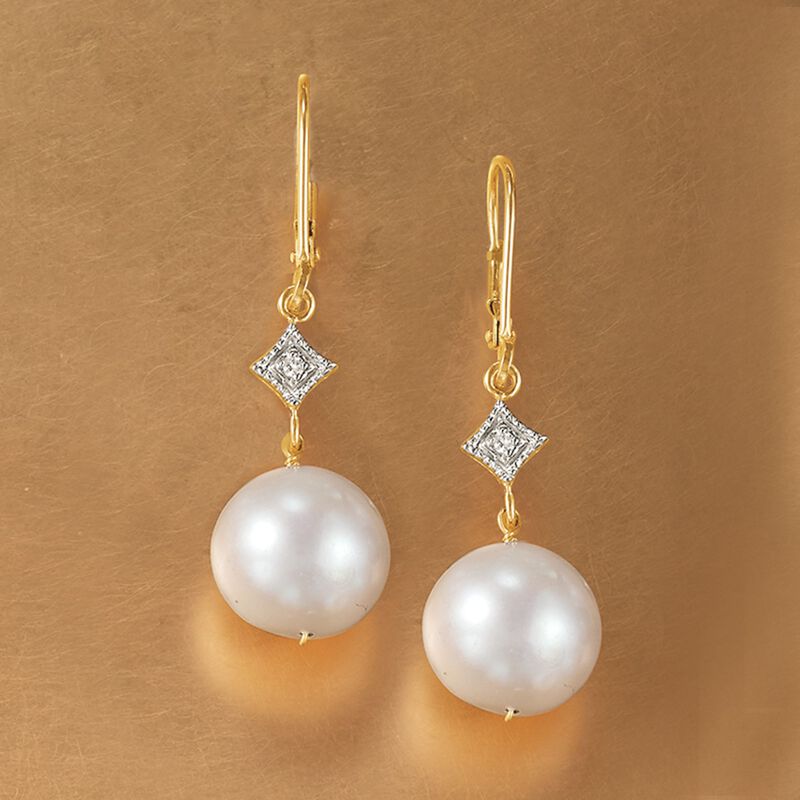 10.5-11mm Cultured Pearl Drop Earrings with Diamonds in 14kt Yellow Gold  image number 2