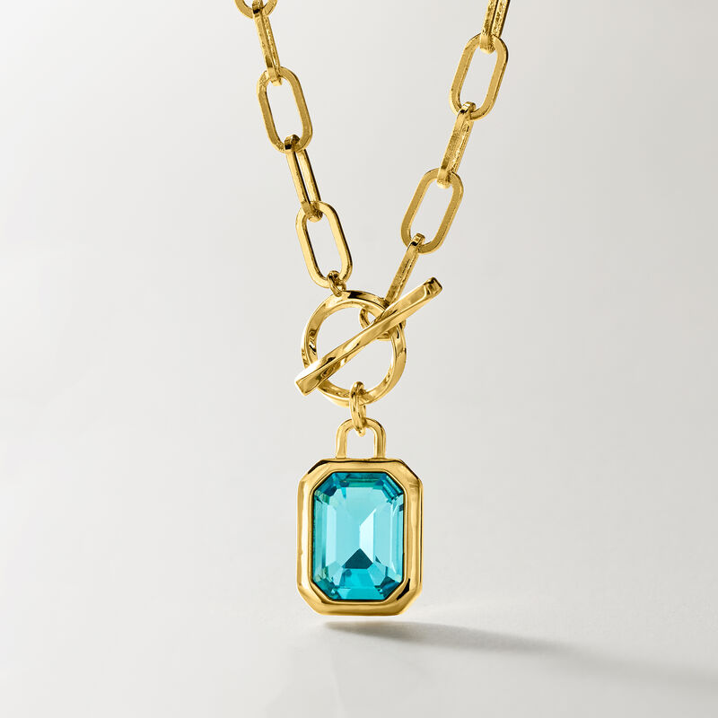 14kt Yellow Gold-Plated Necklace with Bezel-Set Simulated Swiss Blue Topaz. 18" image number 2