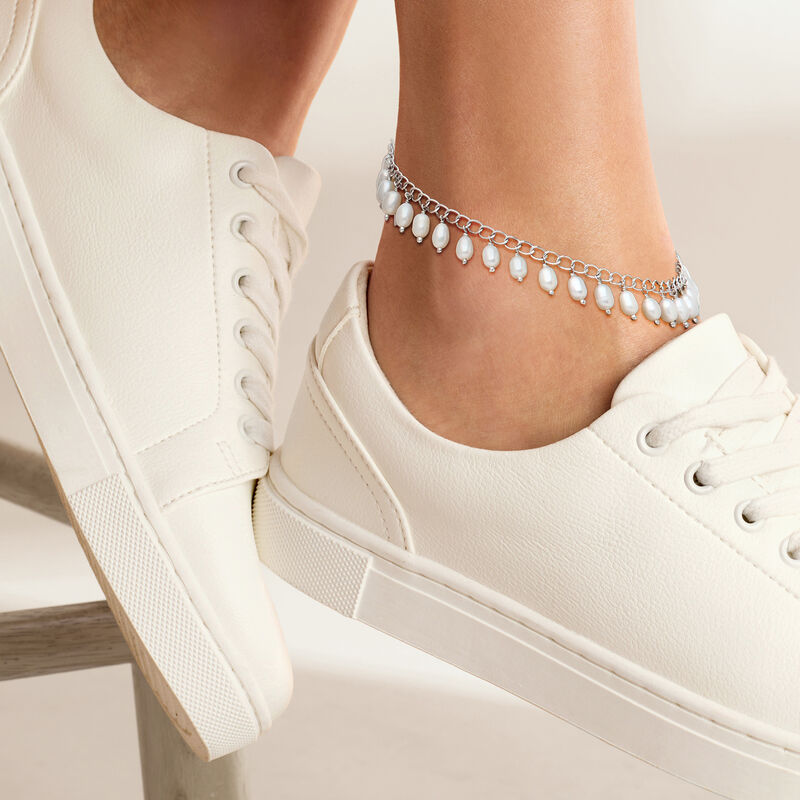 3.5-4mm Cultured Pearl Drop Anklet in Sterling Silver. 9&quot; image number 1
