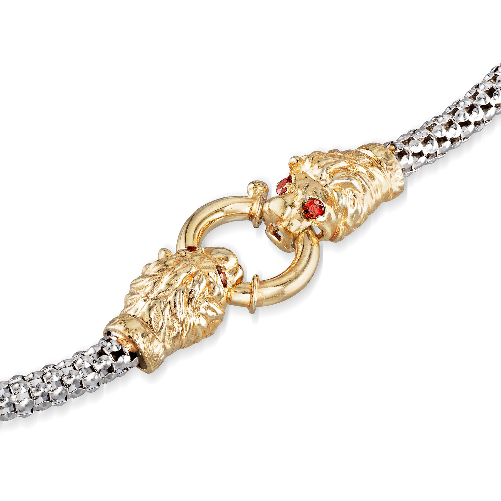 18kt Gold Over Sterling and Sterling Silver Double Lion Head Necklace
