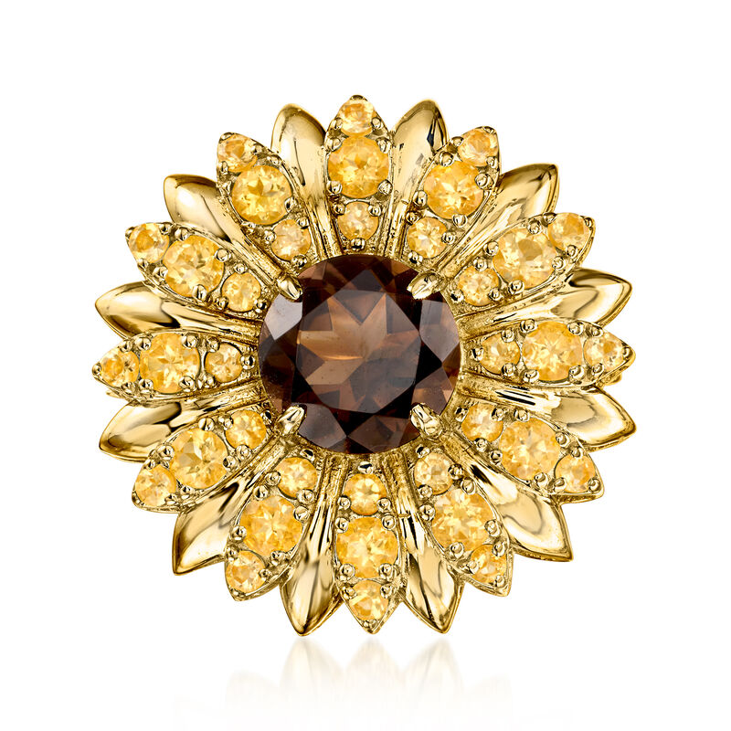 3.00 Carat Smoky Quartz and 1.90 ct. t.w. Citrine Sunflower Pin/Pendant in 18kt Gold Over Sterling  image number 1