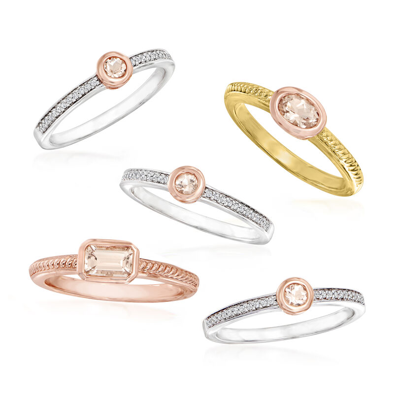 1.10 ct. t.w. Morganite and .20 ct. t.w. Diamond Jewelry Set: Set of Five Rings in Sterling Silver and 18kt Gold Over Silver image number 3