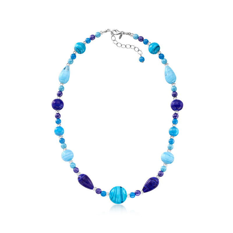 Italian Tonal Blue Murano Glass Necklace with Sterling Silver. 18" image number 2