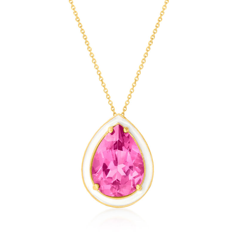 12.00 Carat Pink Topaz Pendant Necklace with White Enamel in 18kt Gold Over Sterling. 18&quot; image number 1