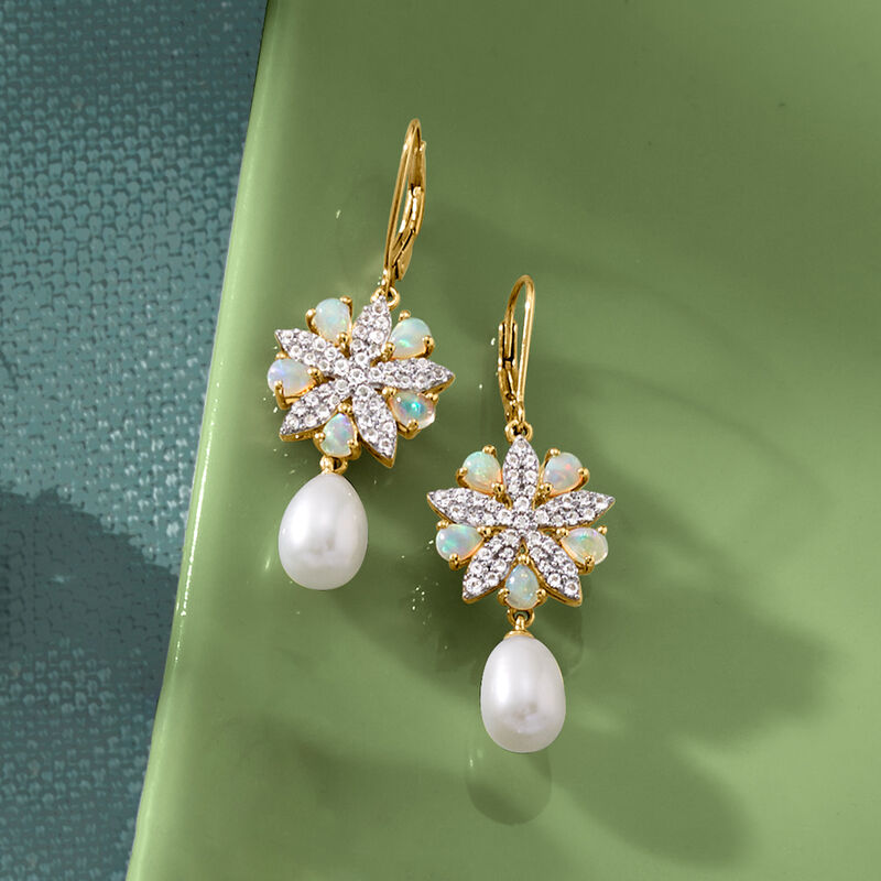 Opal, 10x7mm Cultured Pearl and 1.00 ct. t.w. White Topaz Starfish Drop Earrings in 18kt Gold Over Sterling image number 2