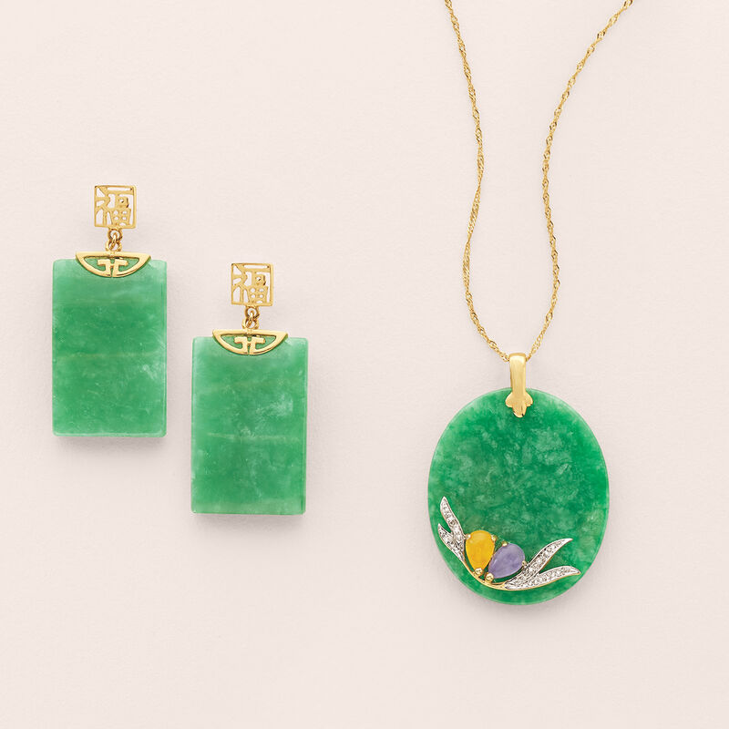Multicolored Jade Pendant with 14kt Yellow Gold and Diamond Accents image number 2