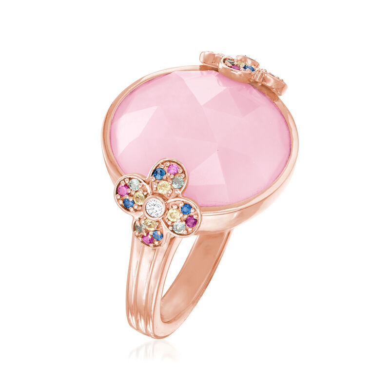 Pink Opal and .24 ct. t.w. Multicolored Sapphire Floral Ring with White Zircon Accents in 18kt Rose Gold Over Sterling image number 2