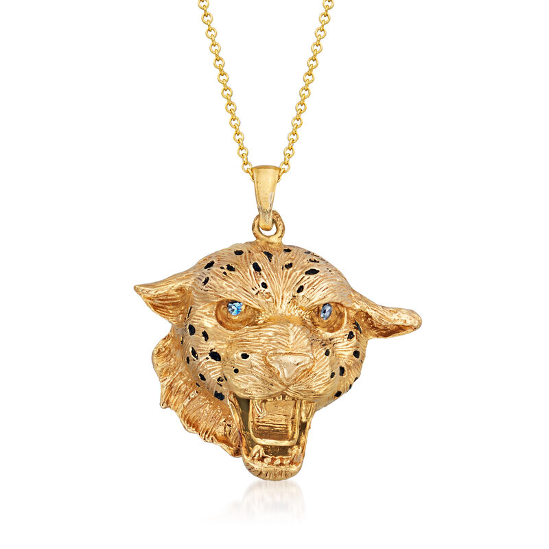 C. 1980 Vintage 14kt Yellow Gold Jaguar Pendant Necklace with Sky Blue Topaz Accents and Black Enamel image number 0