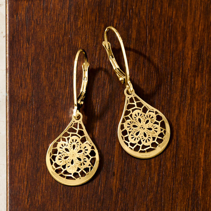 Italian 14kt Yellow Gold Openwork Floral Lace Teardrop Earrings  image number 4