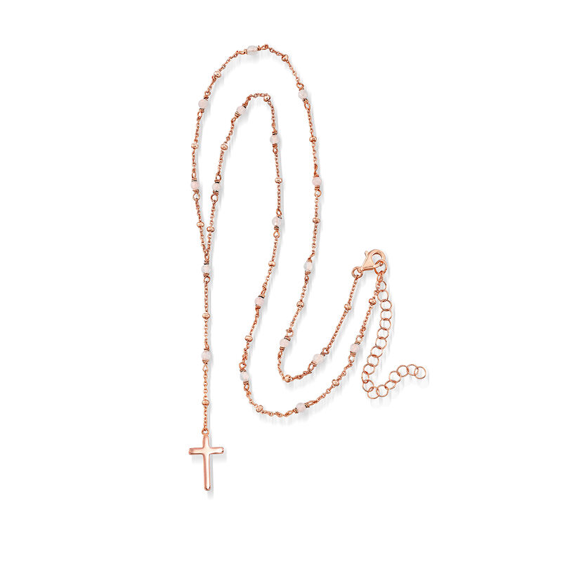 1.60 ct. t.w. Rose Quartz Rosary Beads with Cross Necklace in 18kt Rose Gold Over Sterling. 16&quot; image number 2