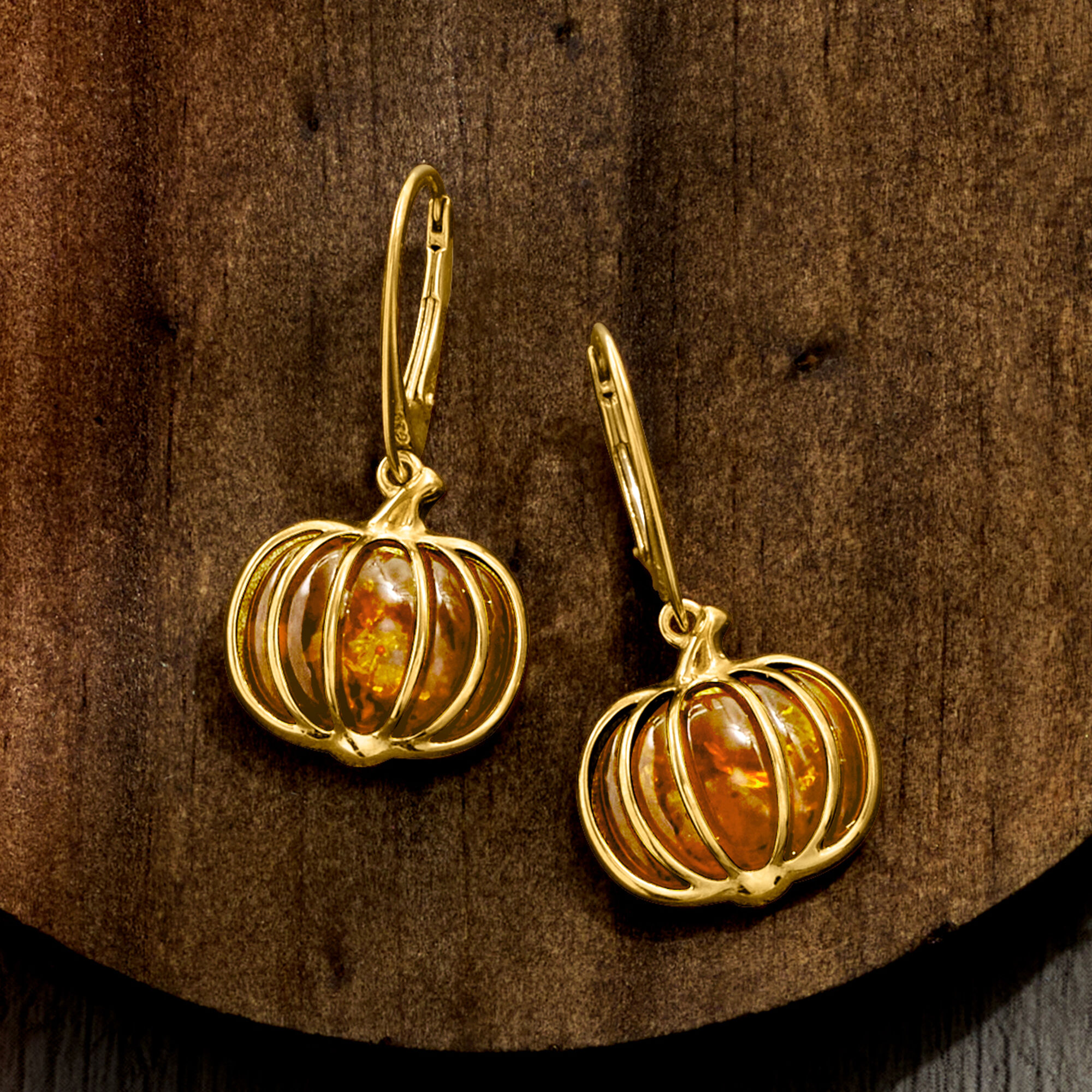 Amber Pumpkin Drop Earrings in 18kt Gold Over Sterling | Ross Simons