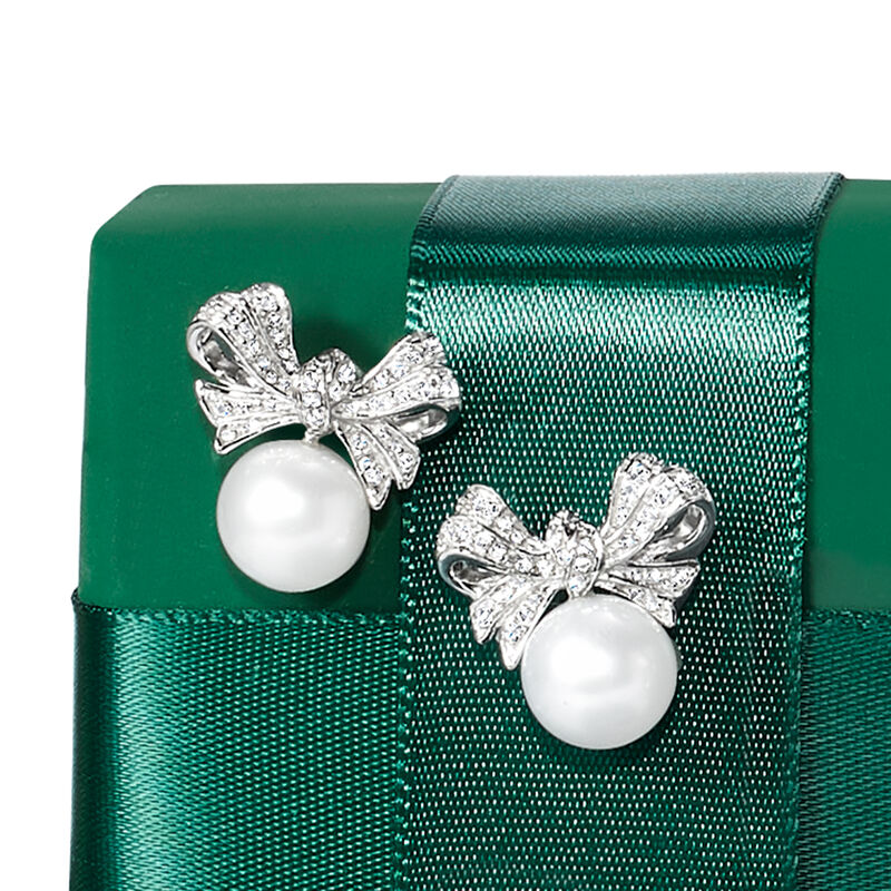 8.5-9 mm Cultured Pearl and .10 ct. t.w. Diamond Bow Earrings in Sterling Silver image number 4