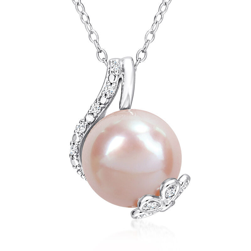 12-12.5mm Pink Cultured Pearl and .10 ct. t.w. Diamond Pendant Necklace in Sterling Silver. 18&quot; image number 0