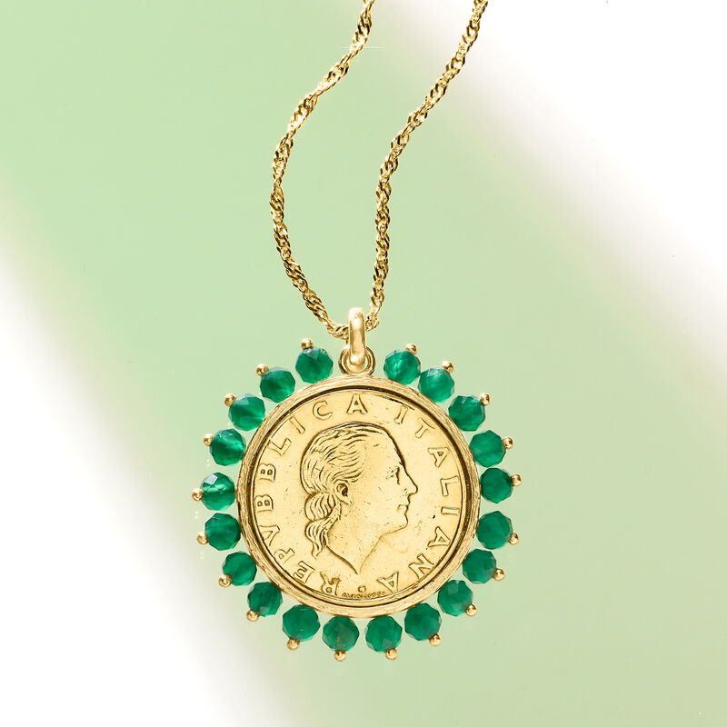 Genuine 200-Lira Coin and Green Agate Medallion Pendant Necklace in 18kt Gold Over Sterling image number 4