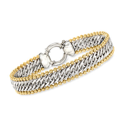 Sterling Silver and 18kt Gold Over Sterling Cuban-Link and Bead Bracelet