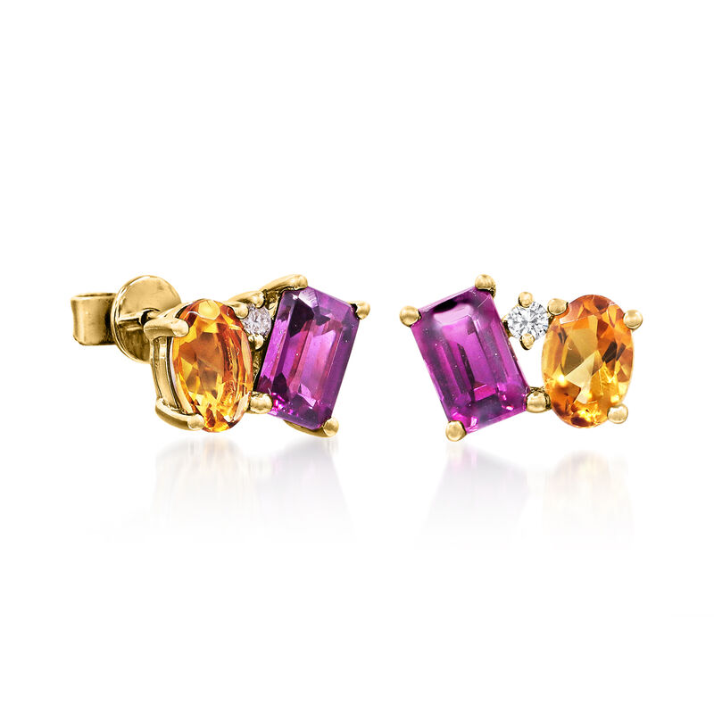 1.50 ct. t.w. Emerald-Cut Rhodolite Garnet and .80 ct. t.w. Oval Citrine Toi et Moi Earrings with Diamonds in 14kt Yellow Gold  image number 1