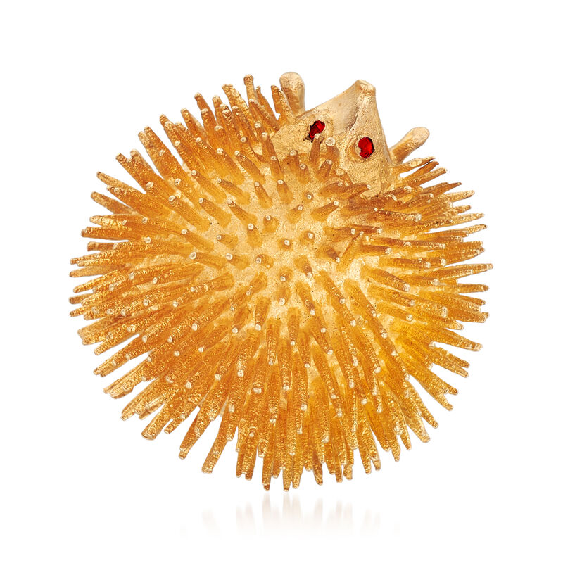 C. 1970 Vintage 14kt Yellow Gold Hedgehog Pin with Simulated Ruby Accents image number 0