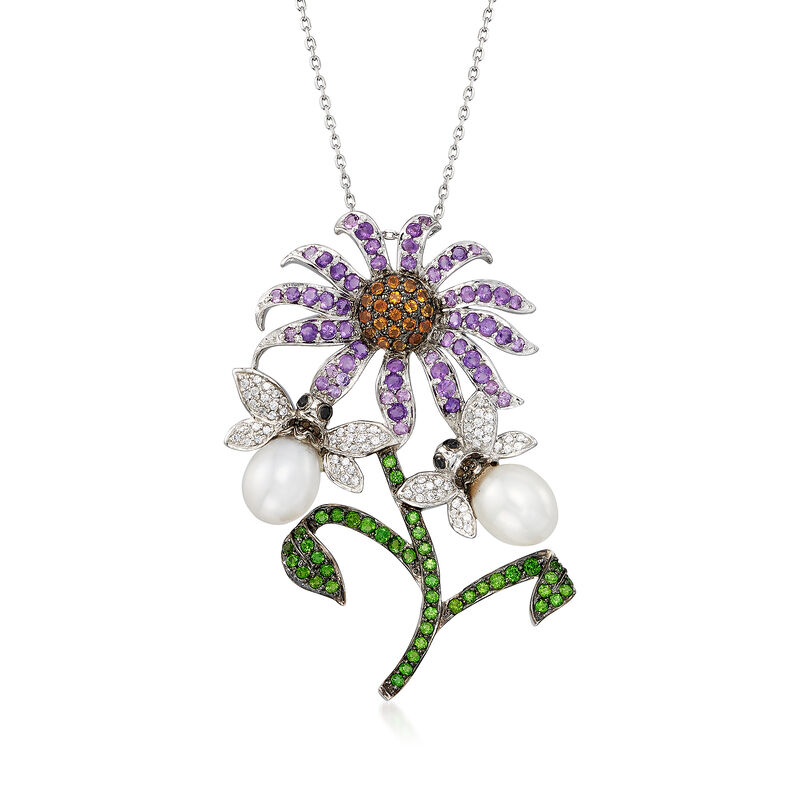 10x8mm Cultured Pearl and 3.60 ct. Tot. Gem wt. Pin Pendant Necklace in Sterling Silver image number 0