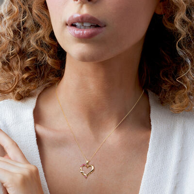 C. 1990 Vintage .35 ct. t.w. Ruby and .10 ct. t.w. Diamond Heart Pendant Necklace in 14kt Yellow Gold