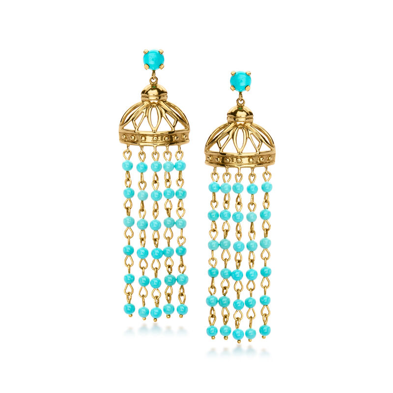 C. 1980 Vintage Turquoise Bead Tassel Drop Earrings in 14kt Yellow Gold image number 0