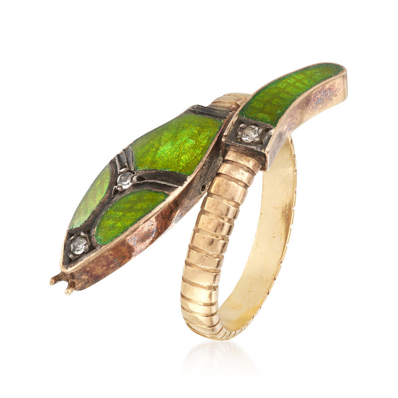 C. 1930 Vintage Green Enamel Snake Ring With Diamond Accents in 18kt Yellow Gold image number 2