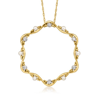 C. 1980 Vintage 2.7mm Cultured Pearl Scalloped Circle Pendant Necklace with Diamonds in 14kt Yellow Gold