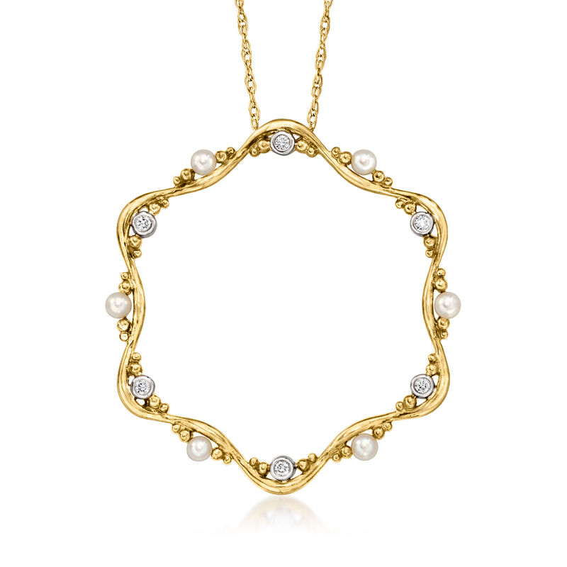 C. 1980 Vintage 2.7mm Cultured Pearl Scalloped Circle Pendant Necklace with Diamonds in 14kt Yellow Gold. 16&quot; image number 0