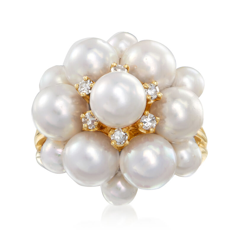 C. 1970 Vintage 4-6mm Cultured Pearl and .12 ct. t.w. Diamond Cluster Ring in 14kt Yellow Gold image number 0