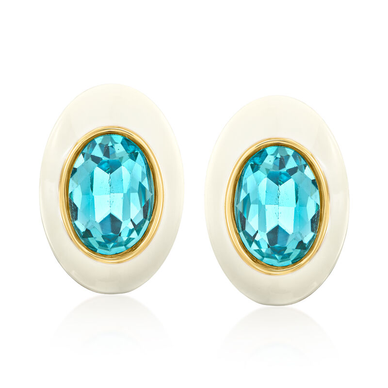 14kt Yellow Gold-Plated Earrings with Simulated Blue Gemstones and White Enamel  image number 0