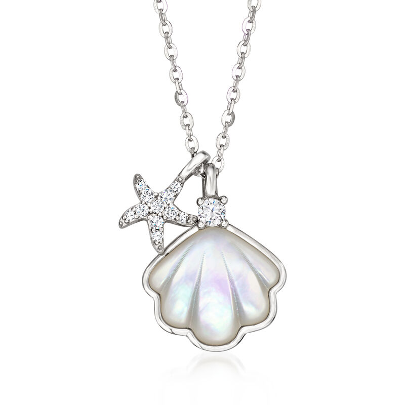 Mother-of-Pearl Seashell Pendant Necklace with .10 ct. t.w. CZ Starfish Charm in Sterling Silver. 16&quot; image number 1
