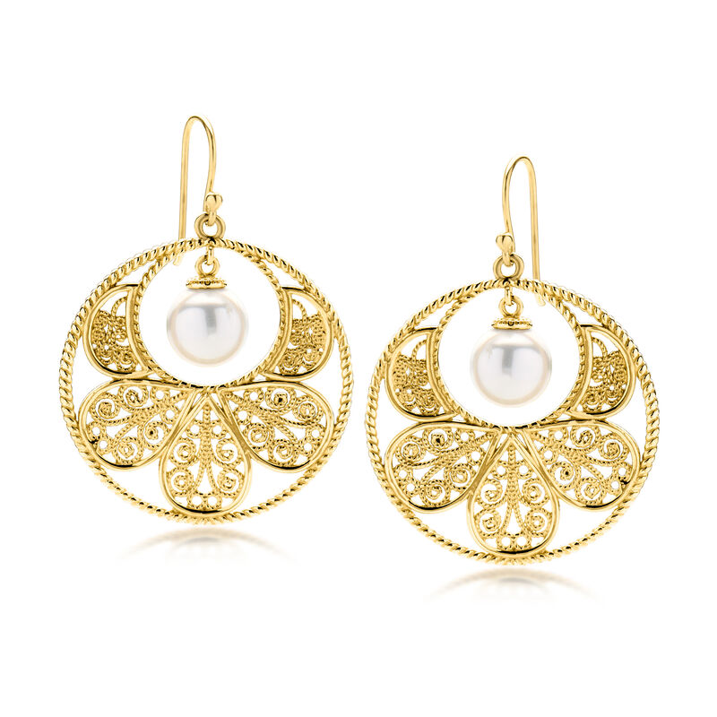 14kt Yellow Gold-Plated Filigree Disc Drop Earrings with 10mm Shell Pearls  image number 0